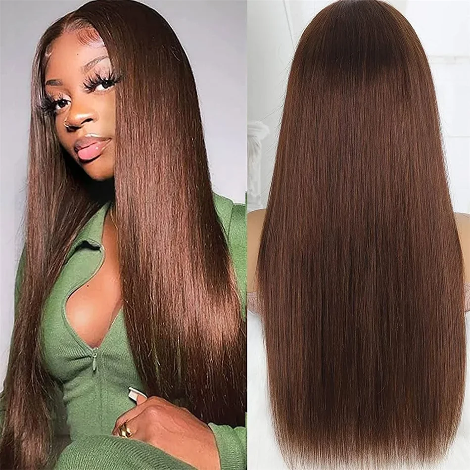 Chocolate Brown Glueless Wig HD Transparent Lace Frontal Wig Brazilian Hair Wigs Pre Plucked_voghion.com