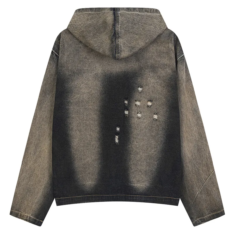 Distressed Hooded Denim Sweatshirt Destroyed Design Sense Men's Niche National Trend High Street Cross-Border