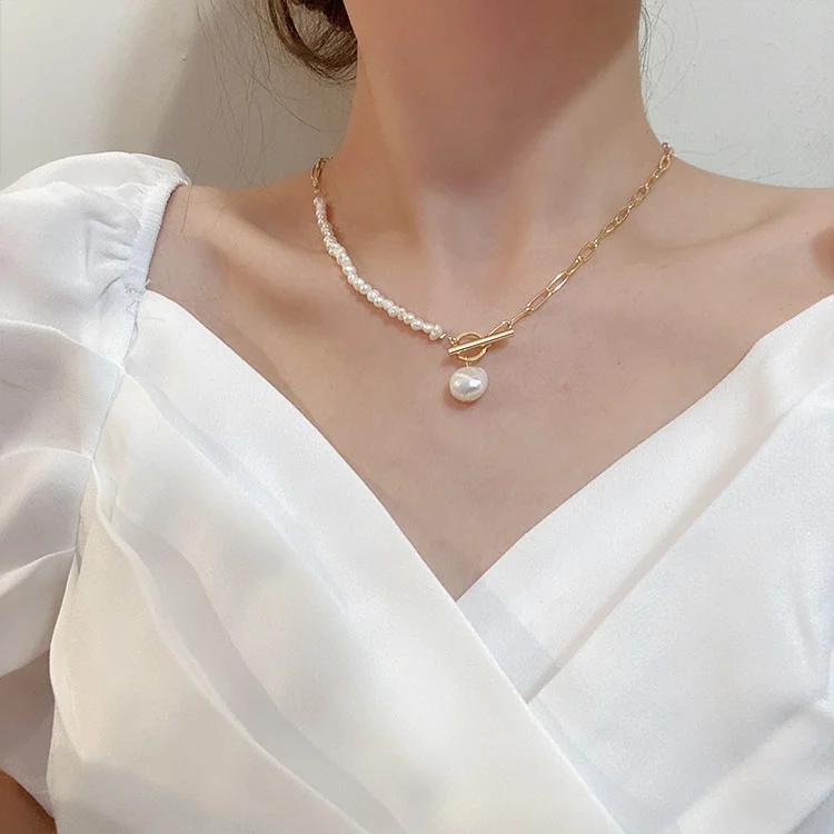 KARINE SULTAN - Half curb chain half pearl short necklace – Satori Boutique