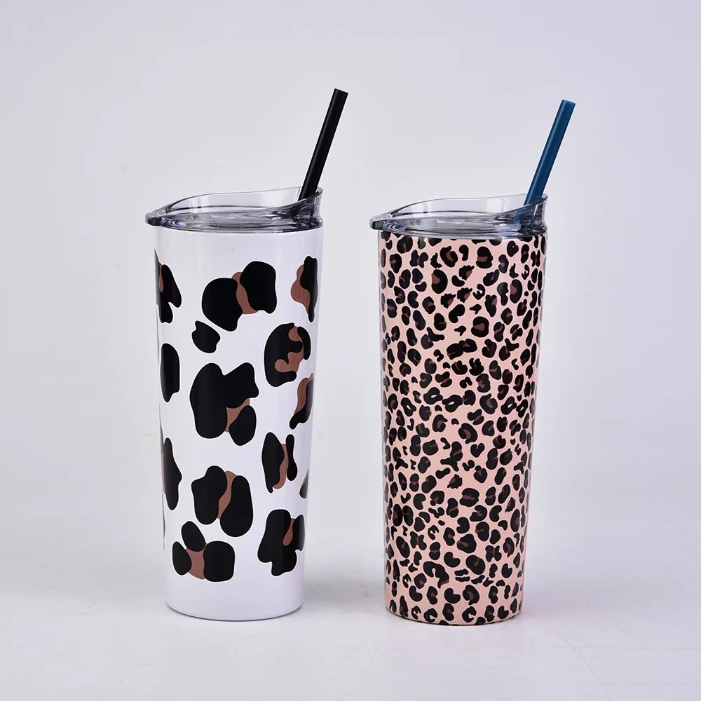 50pcs Leopard stainless steel tumbler with lid straw cheetah