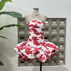 Vintage Ladies Bodycon Evening Strapless Slim Wedding Clubbing Floral Print Strapless Puff  Dress