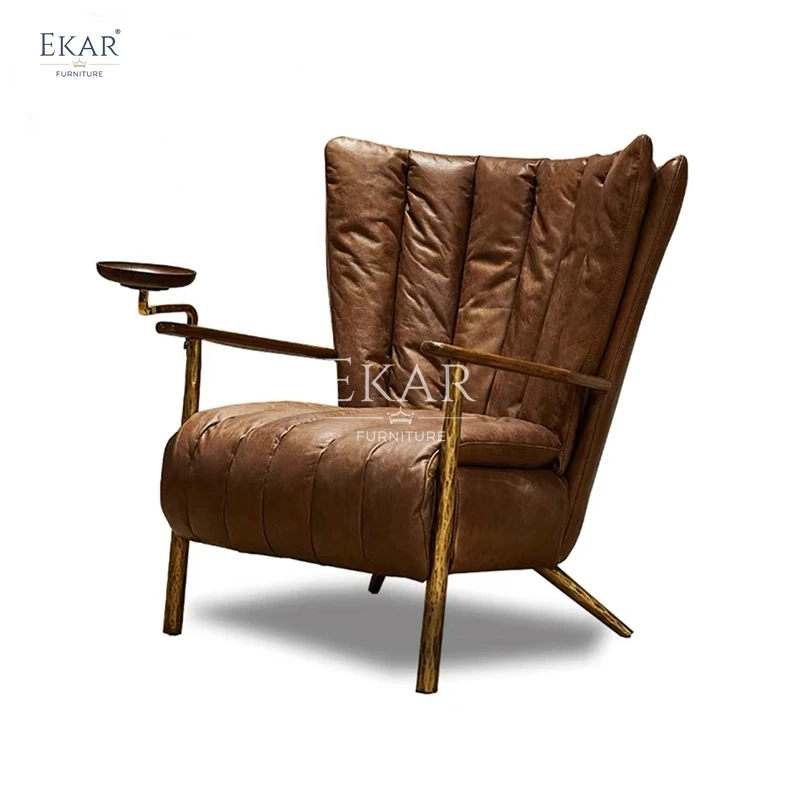 New forged retro design copper and iron frame full leather armrest living room leisure chair