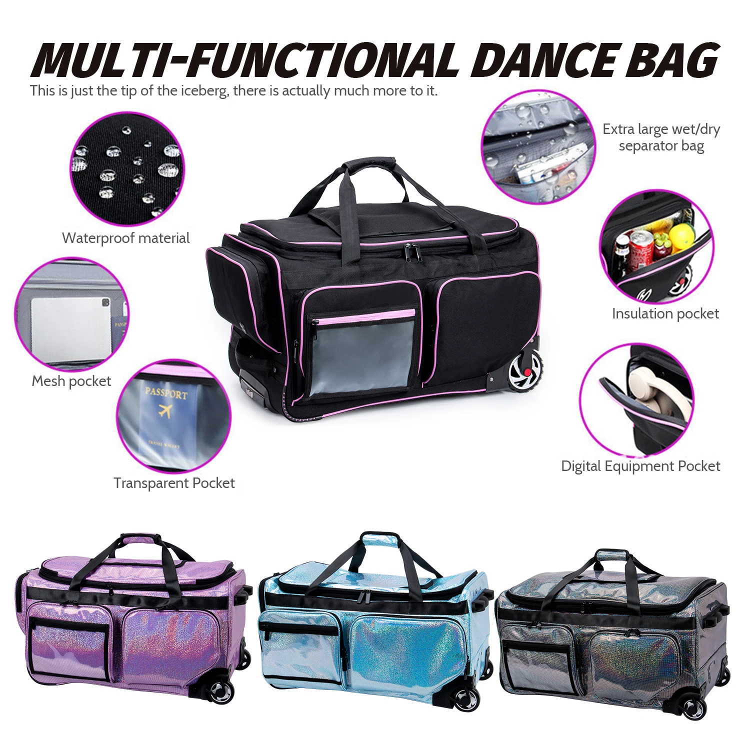 KONCAI Rolling Dance Bag With Garment Rack Waterproof Multi Functional Wheeled Dance for Girls