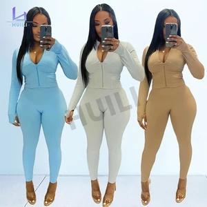 Huili Custom High Stretch Zip up Crop Top Legging Sports Wear Stand Collar Skinny Outfits Gym Tow Piece Set Tracksuits for Women