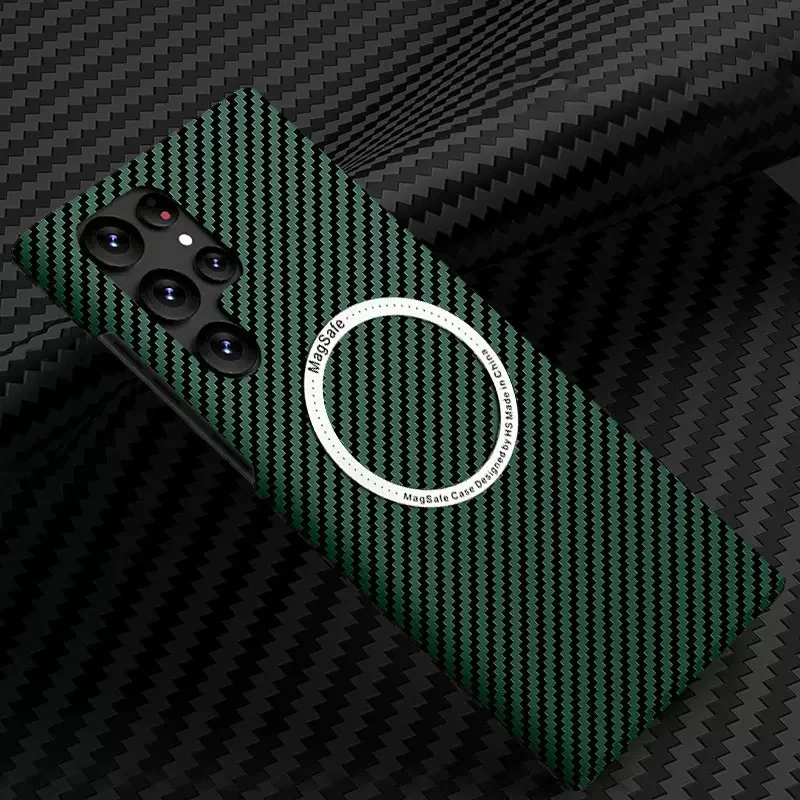 Wireless Charging PC Material Carbon Fiber Texture Shockproof Strong Magnetic Mobile Phone Case for S21/S22/S23 Ultra