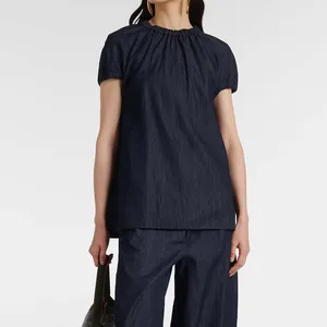Clothing Manufacturers Custom Spring Summer Autumn High Neck Collar Short Sleeve Baiocco Denim Top