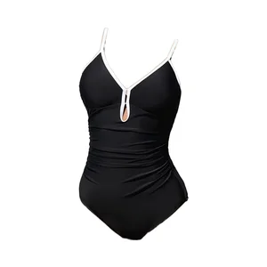Modest Cute Eco-friendly Swimwear for Women Retro One-Piece with Tummy Control & Slimming Features Solid Pattern Front Logo