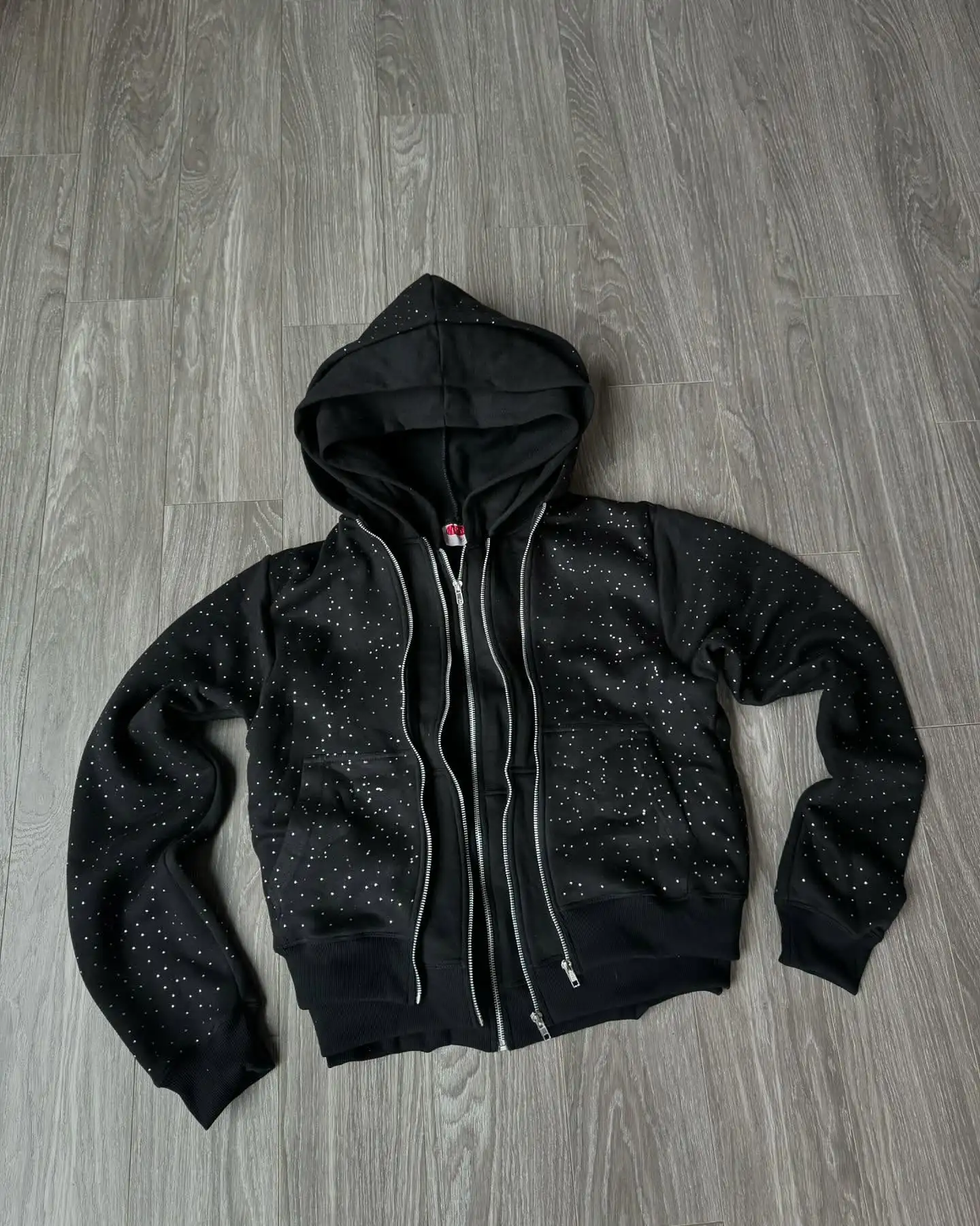 Salati Clothing Manufacture Three Layer Hoodie Diamond Quarter Zip Cropped Acid Wash Rhinestone Men's Hoodie Sweatshirt gallery 2