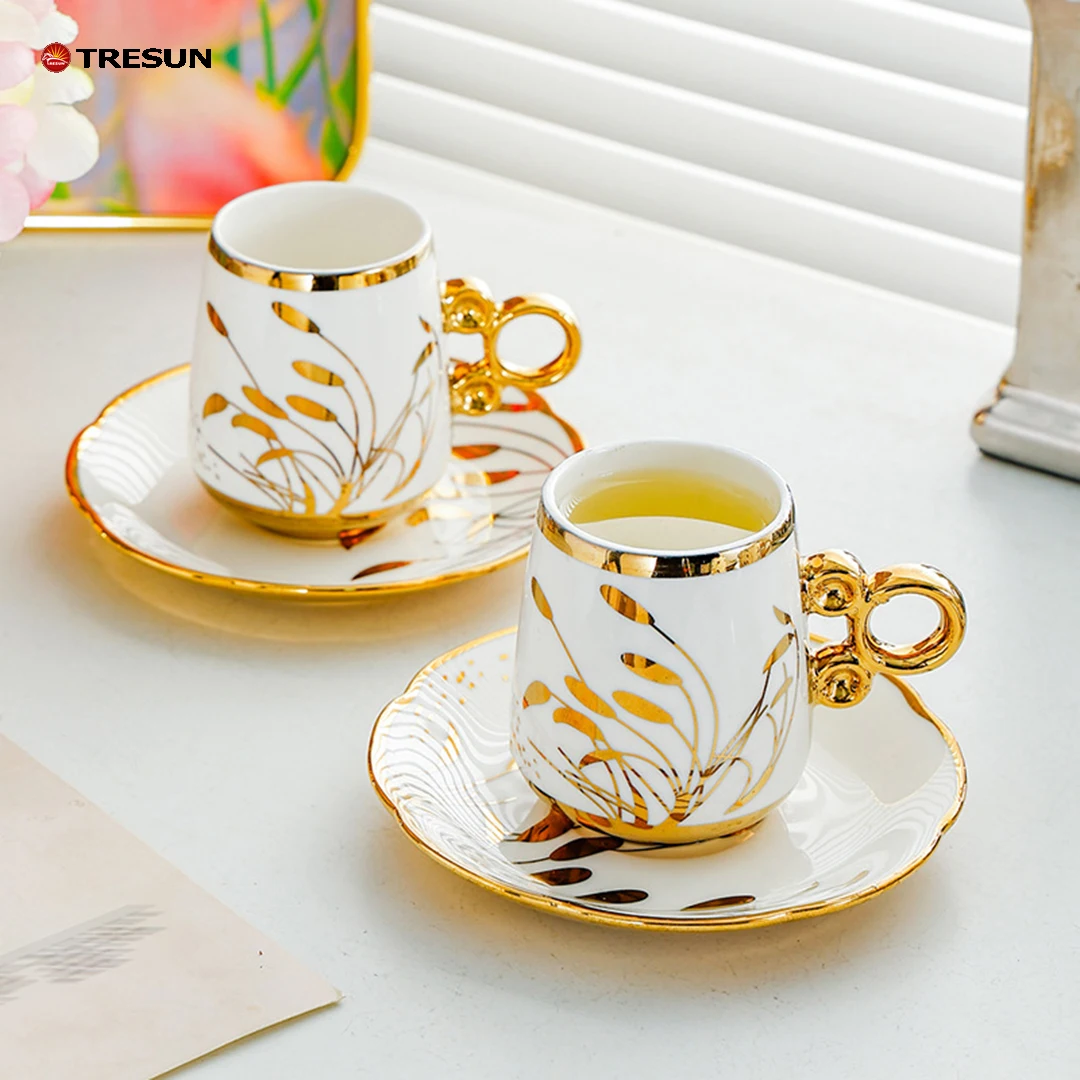 Arabic Style Middle East Gift Box Luxury Cheap Price Cappuccino Laate Porcelain Ceramic Tea Coffee Cup and Saucer Set of 6