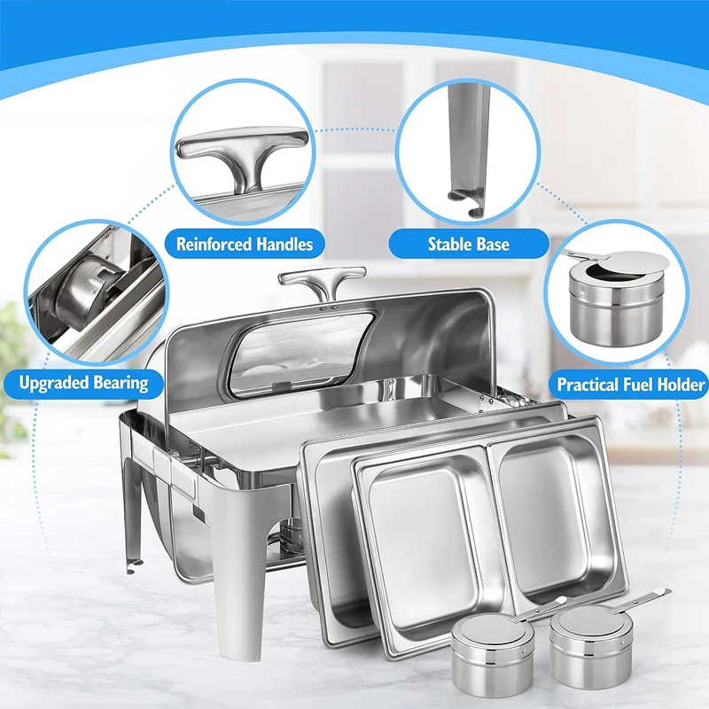 Takywep 9QT Roll Top Chafing Dish Buffet Set - Stainless Steel Catering Warmer With 2 Pans & Clear Lid