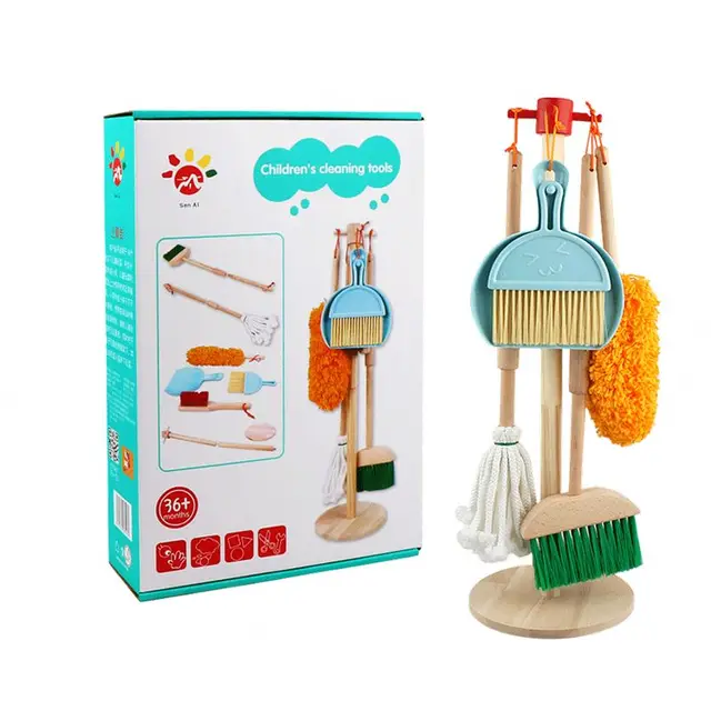 New Wooden Detachable Toy Cleaning Set, Kids Cleaning Toys 6 Piece - Hanging Stand Kitchen Cleaning Tools For Kid Gift