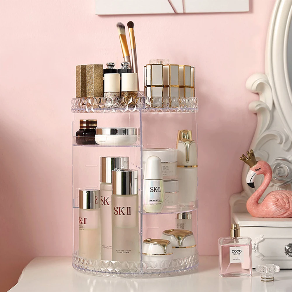 DIY Adjustable Cosmetics Caddy Shelf Organizer Box Carousel Spinning Holder Storage Rack 360 Rotating Makeup Organizer