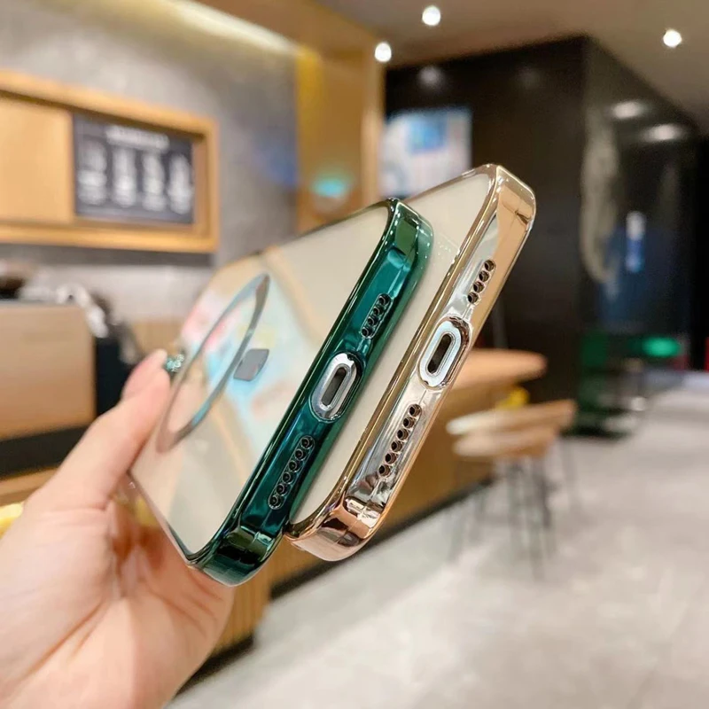 Мягкий силиконовый чехол для iPhone 14 13 Pro Max с гальваническим покрытием прозрачный телефона Magsafes противоударный защитный