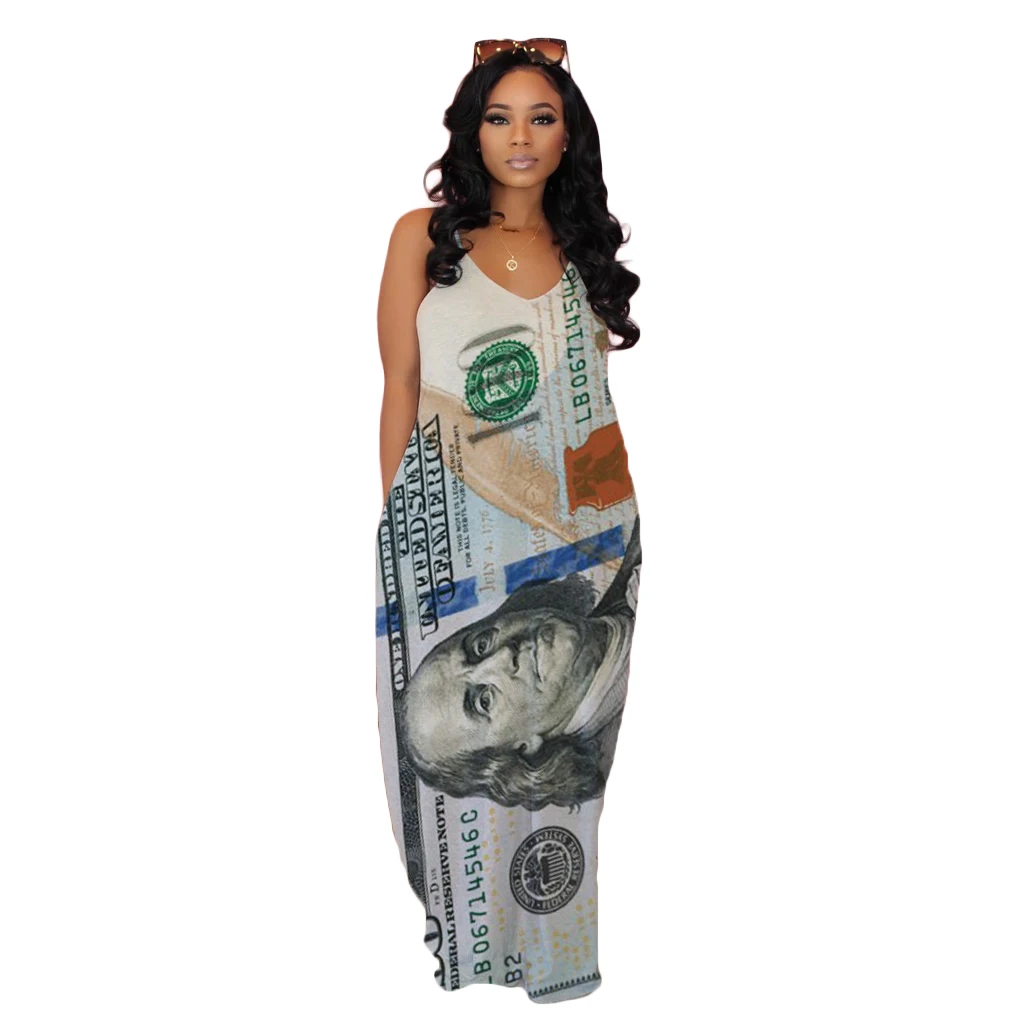 L115 Women 100 Dollar Bill Printed Maxi ...