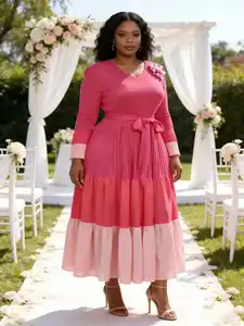 New Miyake Pleated Plus Size Dress with O-Neck Puff Sleeves Featuring Stylishly Designed Color-matched Large Skirt ODM Available