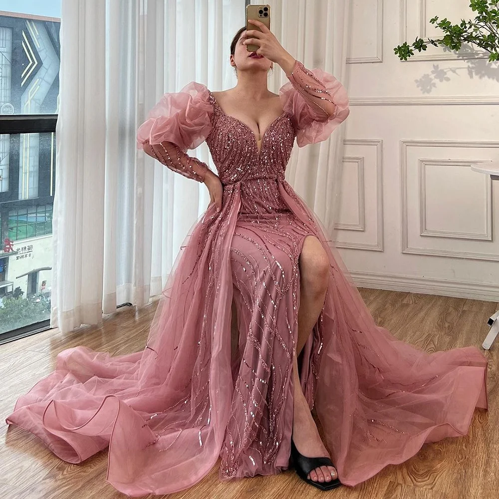 Pink Beaded Long Sleeves Mermaid High Split Evening Dresses