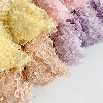 Custom Lace Trim Organza Fabric 3D Embroidered Beautiful Floral Patterns High Quality Beaded Lace Pearl Trim for Wedding DIY