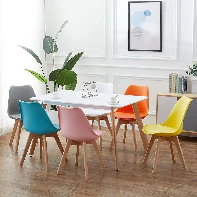 Wholesale Colored Leather Cover Plastic Back Wood Leg Sillas Tulip Cafe Chairs Restaurant Cheap Leisure Plastic Dining Chair