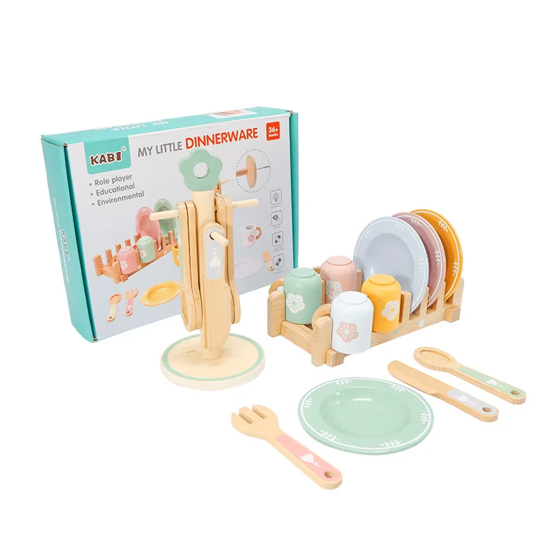 Unisex Children's Wooden Simulation Western Tableware Set Kids Wooden Kitchen Accessories Toys Play Set for girls and boys