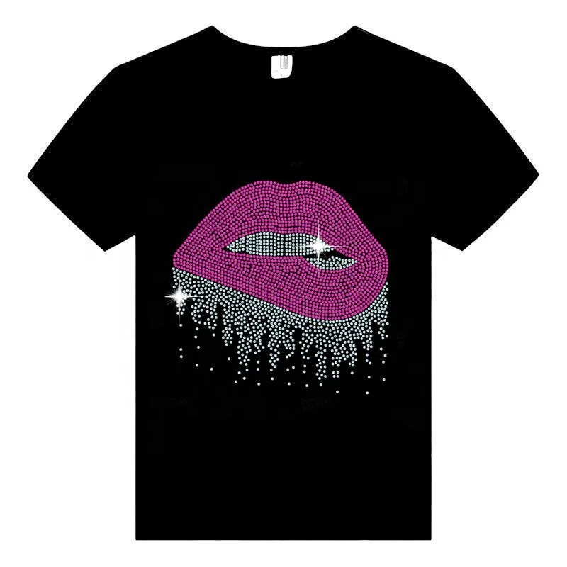 Custom New  Large Red Dripping Lips Rhinestone Diamante Transfer Design Iron on Heat Transfer  Hot Fix Sparkle