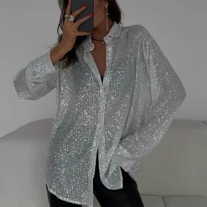 Women Sparkly Sequin Button Down Shirt Long Sleeve Glitter Oversized Blouse Top for Party Club Night Out