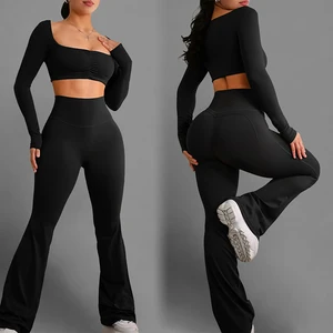 OEM Custom Sample Women High Quality 2-Piece Yoga Fitness Leggings Long Sleeve Sports Wear Top Bra With Yoga Sets