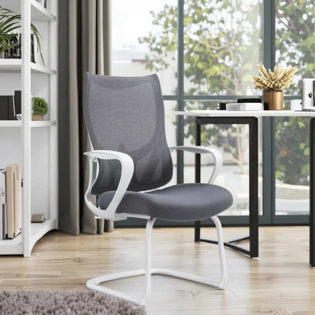 White Arched Base Modern PU Ergonomic Lift Chair Adjustable Height Fixed Fiberglass Armrest Solid Steel Structure 3