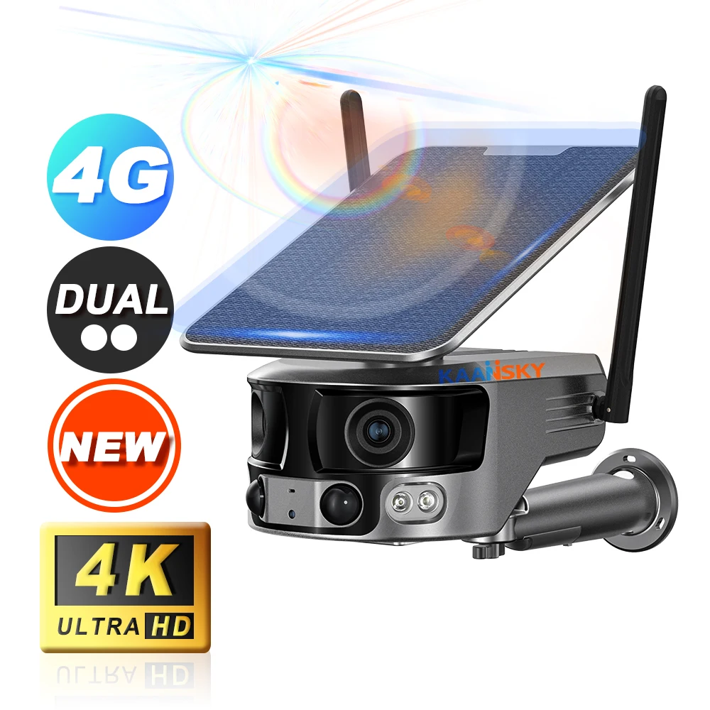 Wireless Solar 4G Dual Lens Camera  8MP 180 Degree Viewing Angle Network Camera 4K Super HD Quality Twin Lenses Camera