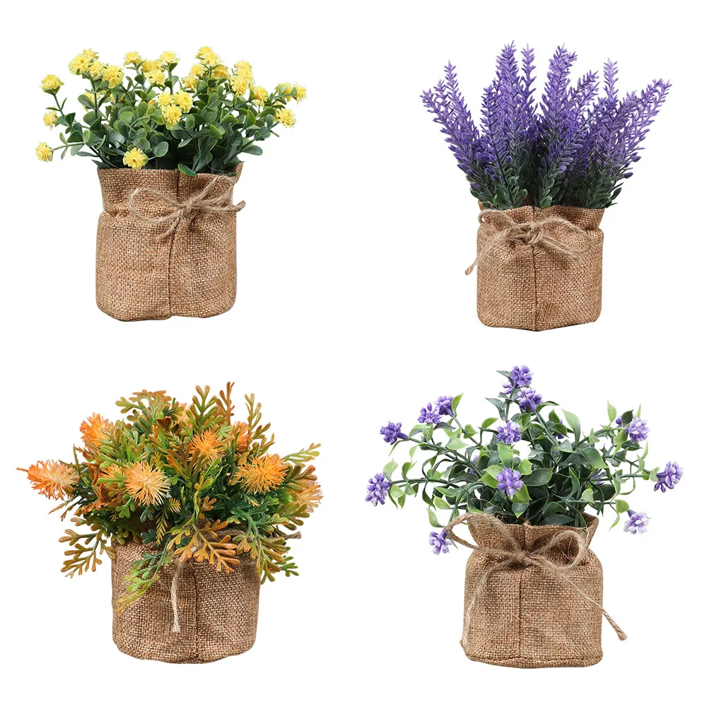 Heimtischdekoration Kleine Jute-Topfpflanze Mini-Bonsai Topfblumen Lavendel  Kunstpflanzen im Topf