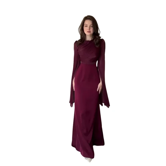 2024 Summer solid color splicing organza long sleeves satin slim fit dress for women