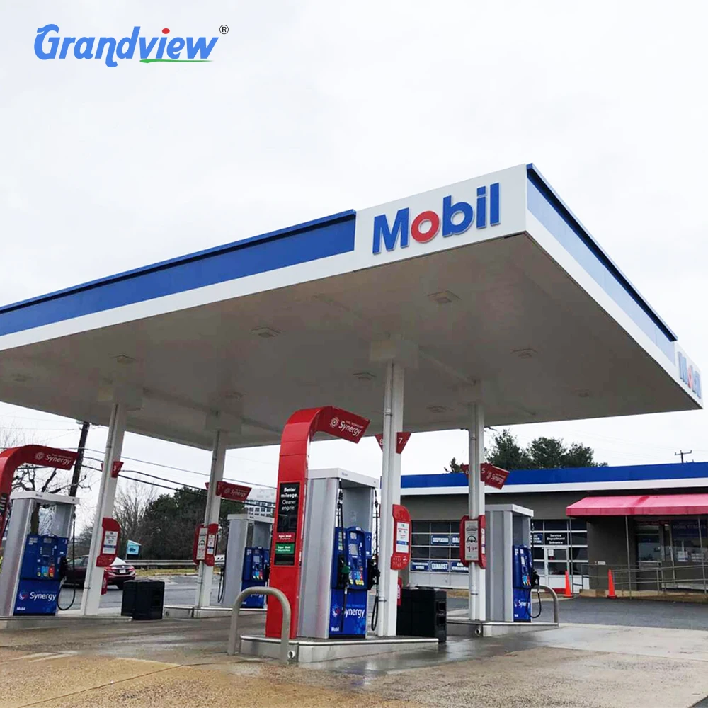 Steel Space Frame Petrol Station Sign Light Cost of Gas Station Canopy with Bending Cutting Welding Services