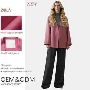 Handmade Women's Double-Sided Woolen Cashmere Coat Eco-Friendly V-neck Design Short Length Detachable Belt Decorative Pocket