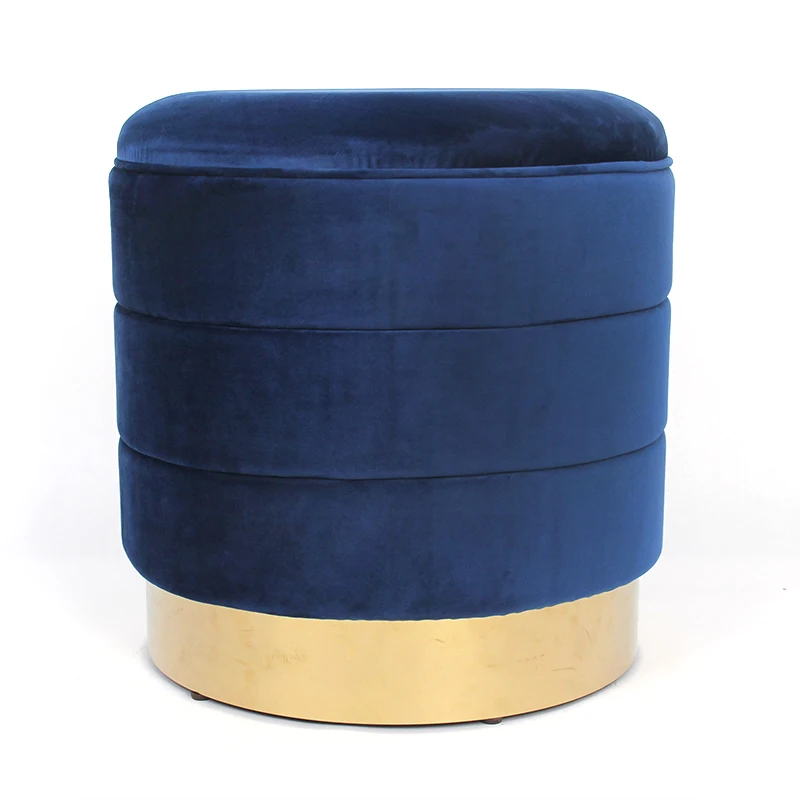 HStex High Quality Modern Design Round Seated Storage Cloth Footstool Ottoman Empire Velvet Gold Metal Base