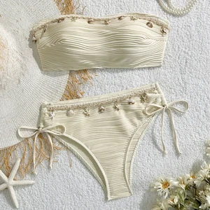 New Sexy Solid Color Strapless Bandeau 2-Piece Set Spandex/Nylon Shell Bikini for Women Swimwear for Beach Vacation