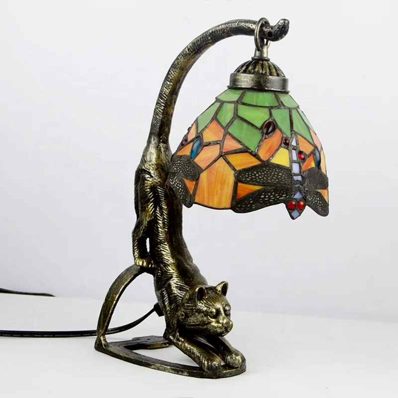 Longhuijing Cat Art Stained Glass Tiffany Dragonfly Lamp