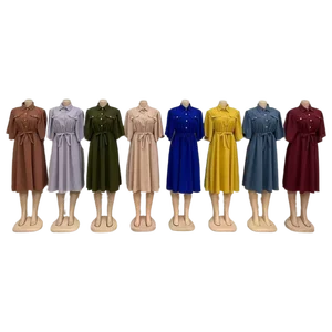 New Summer Lapel Women's Short-sleeved Casual High Waist A- Line Dress Vintage Dress