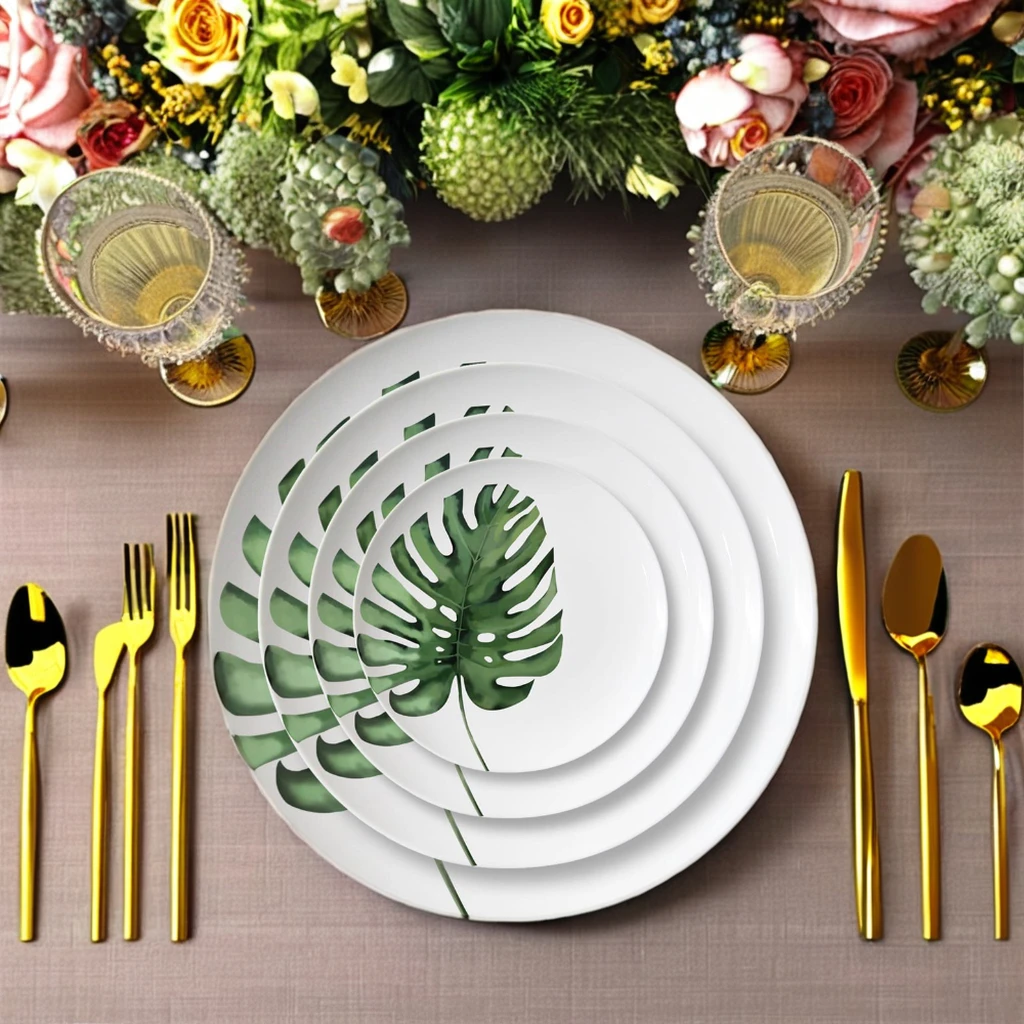 Creative Green Leaf Pattern Printed Ceramic Dinner Plates Eco-Friendly Bone China for Charger Plate for Home and Wedding Use