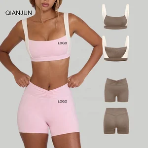 Cross-Border Butt-Lifting Tummy-Tucking Slimming Solid Breathable High Waist Chest Pad Running Fitness Shorts Notched Neck