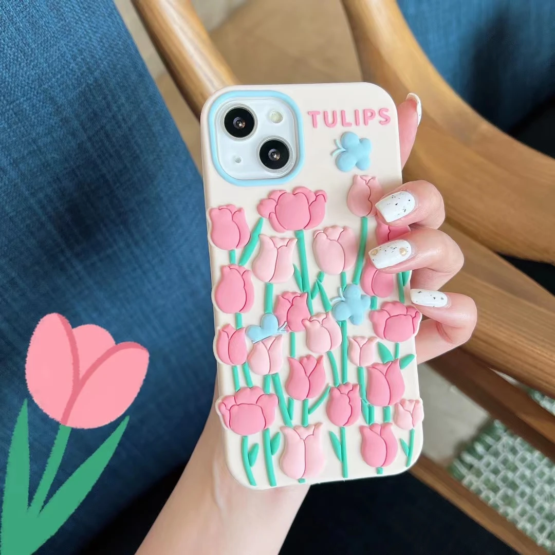 Wholesale Korean Aesthetic 3D Flower Pink Phone Case For iPhone 13 12 11  Pro XS Max X XR 7 8 Plus SE Cute Tulip Soft Silicone Back Cover From  m.