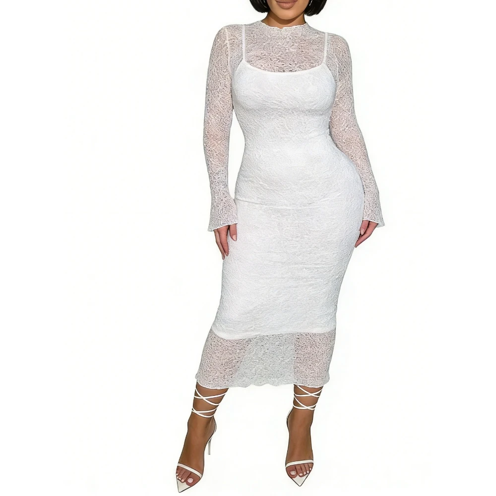 Women's 2 Piece Lace Overlay Midi Dress Textured Slip Dresses with Sheer  Long Sleeve Top Sehe Fashion