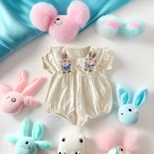 Custom Baby Clothes Pure Cotton 3D Rabbit Doll Collar Lace Casual Outfit Baby Rompers