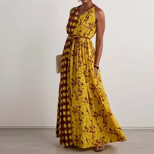 Custom  Clothing Manufacturer Spring Summer Halter Sleeveless Gathered Printed Maxi Dress