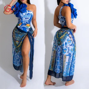 GX2529 Fashion Women Elegant Bodysuits Vendors 3D Big Three-dimensional Flower Swimsuit Sexy Swimwear and Cover Ups 2 Piece Set