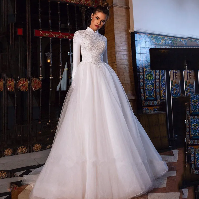 Stylish Muslim Long Sleeves High Neck Latest Bridal Wedding Dress 