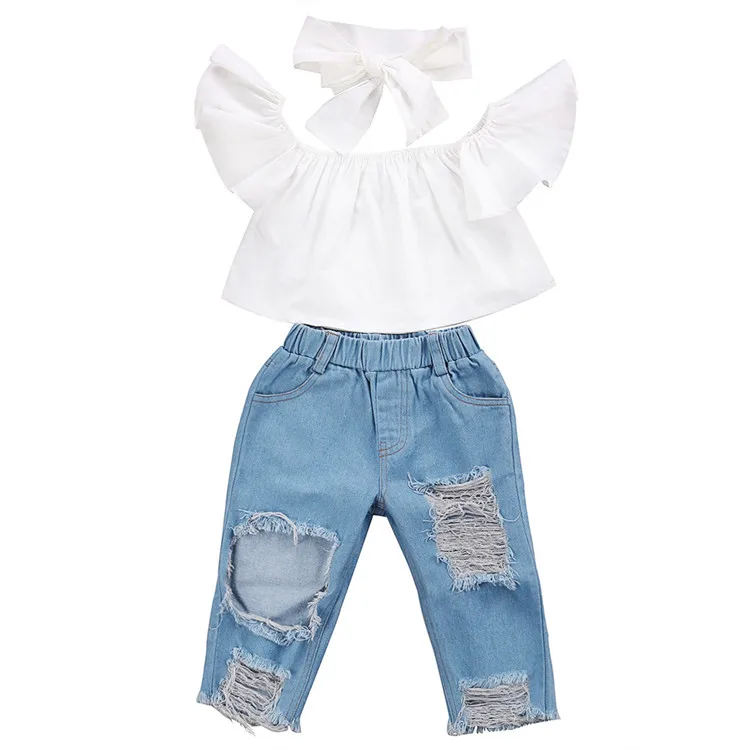 Toddler Baby Girls Clothes Set Short Sleeve Lace T-Shirt Tops with Ripped Denim Jeans Pants 2Pcs Outfit