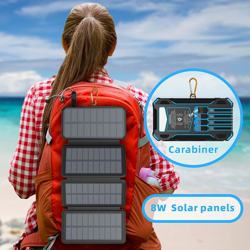 Wireless Solar Powerbank Built in 4 Fast Output Data Cable Power Banks & Powerstation Foldable Solar Panels Power Bank 20000mah