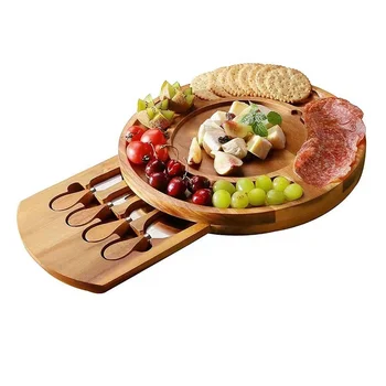 Hot Sell High Quality Professional acacia wooden cheese board set with cheese knives set knife fork and cutting board