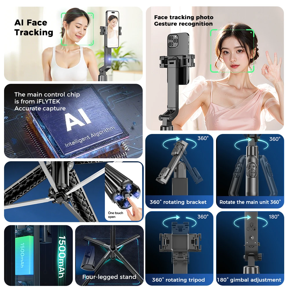 UNIEAN Q515TK - Smart Selfie Stick with 360° AI & Foldable Design