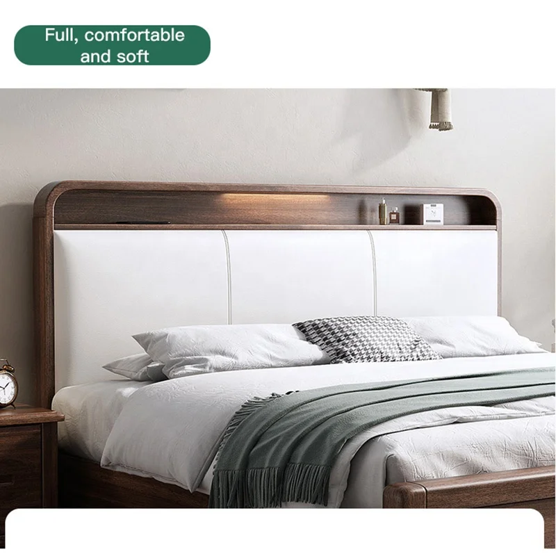 Modern Simple Designs Hot Sale Cheap Price Queen Size Walnut Solid Wood Double Beauty High Box Storage Wooden Bed