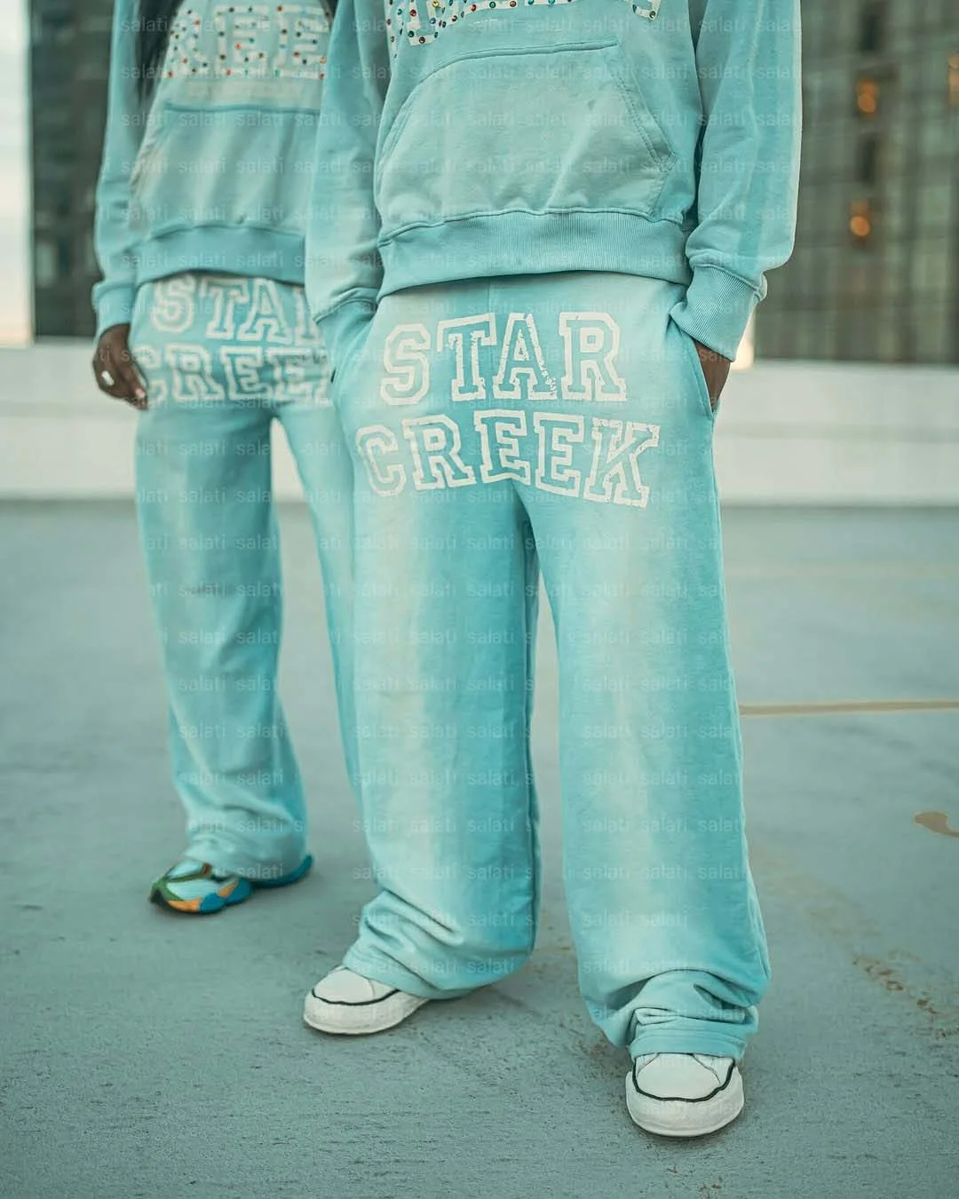 Salati Custom Flared Sweatpants and Hoodie Set Unisex 500 GSM Oversized Acid Wash Rhinestone Sweatsuits Baggy Tracksuits for Men gallery 2